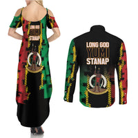 Vanuatu 46th Year Anniversary Couples Matching Summer Maxi Dress and Long Sleeve Button Shirt Tamtam Slit Drums Long God Yumi Stanap LT9 - Polynesian Pride