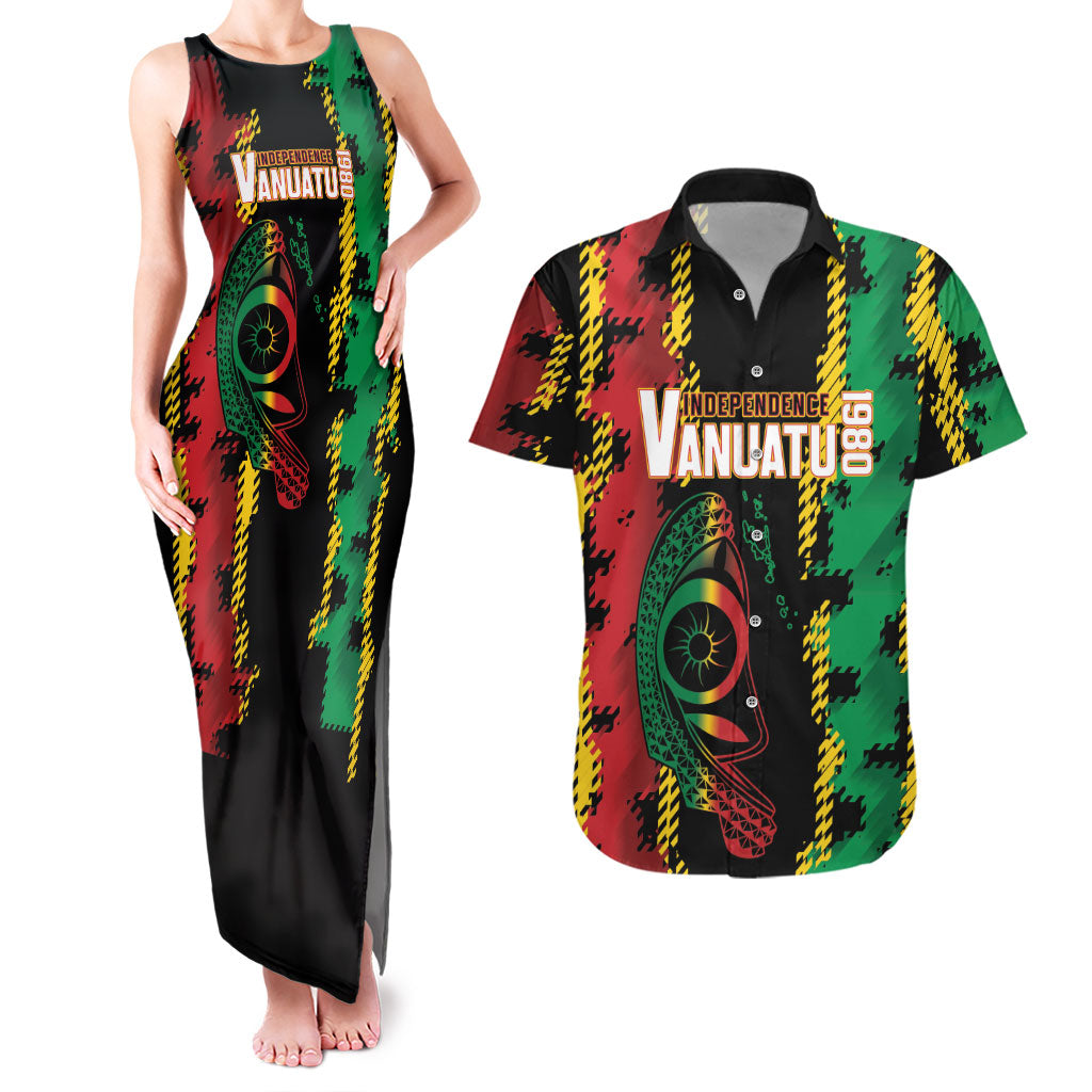 Vanuatu 46th Year Anniversary Couples Matching Tank Maxi Dress and Hawaiian Shirt Tamtam Slit Drums Long God Yumi Stanap LT9 Black - Polynesian Pride