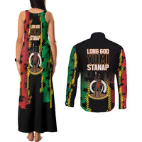 Vanuatu 46th Year Anniversary Couples Matching Tank Maxi Dress and Long Sleeve Button Shirt Tamtam Slit Drums Long God Yumi Stanap LT9 - Polynesian Pride