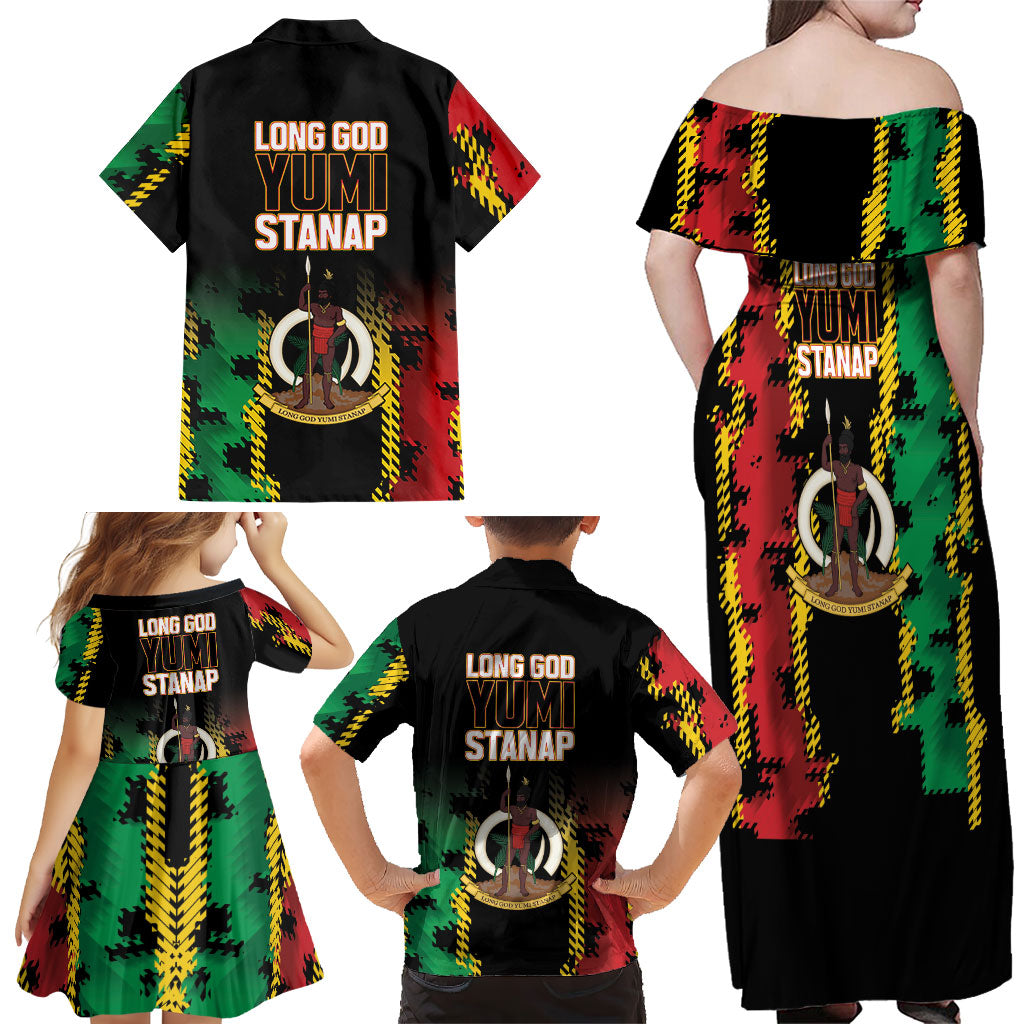 Vanuatu 46th Year Anniversary Family Matching Off Shoulder Maxi Dress and Hawaiian Shirt Tamtam Slit Drums Long God Yumi Stanap LT9 - Polynesian Pride