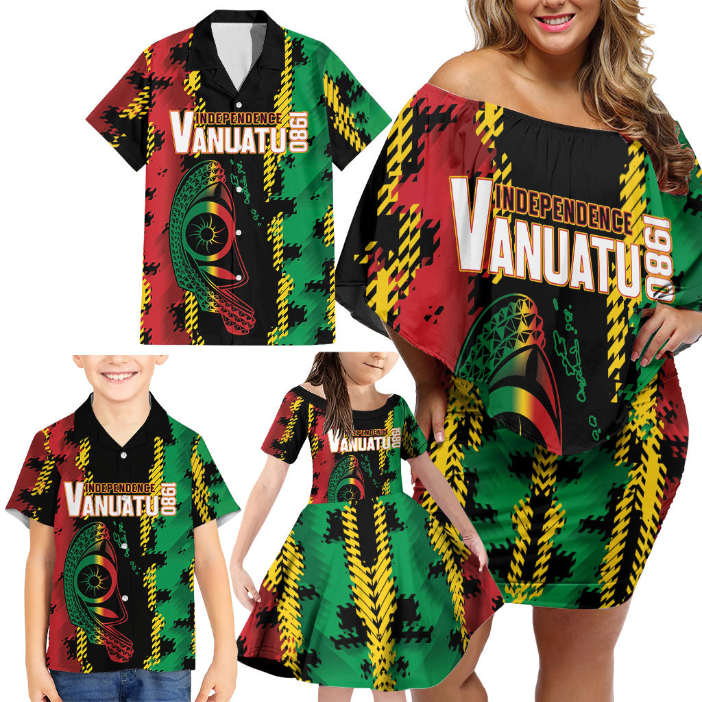Vanuatu 46th Year Anniversary Family Matching Off Shoulder Short Dress and Hawaiian Shirt Tamtam Slit Drums Long God Yumi Stanap LT9 - Polynesian Pride