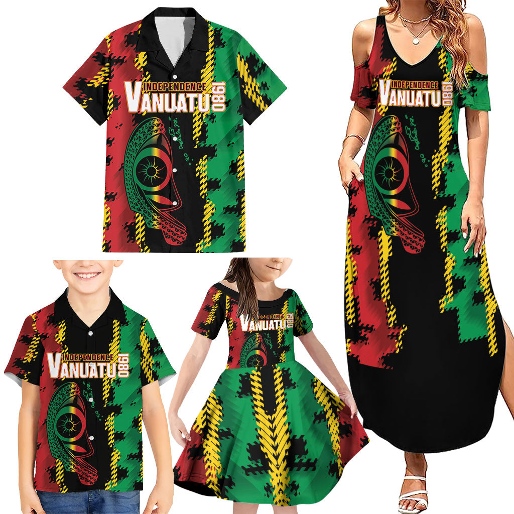 Vanuatu 46th Year Anniversary Family Matching Summer Maxi Dress and Hawaiian Shirt Tamtam Slit Drums Long God Yumi Stanap