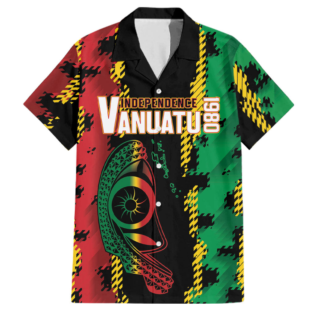Vanuatu 46th Year Anniversary Family Matching Tank Maxi Dress and Hawaiian Shirt Tamtam Slit Drums Long God Yumi Stanap LT9 Dad's Shirt - Short Sleeve Black - Polynesian Pride