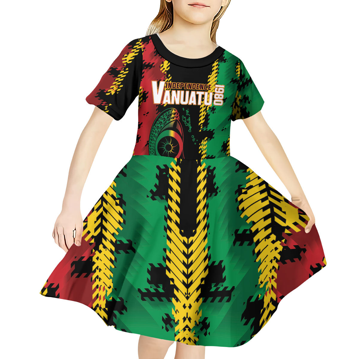 Vanuatu 46th Year Anniversary Kid Short Sleeve Dress Tamtam Slit Drums Long God Yumi Stanap LT9 - Polynesian Pride
