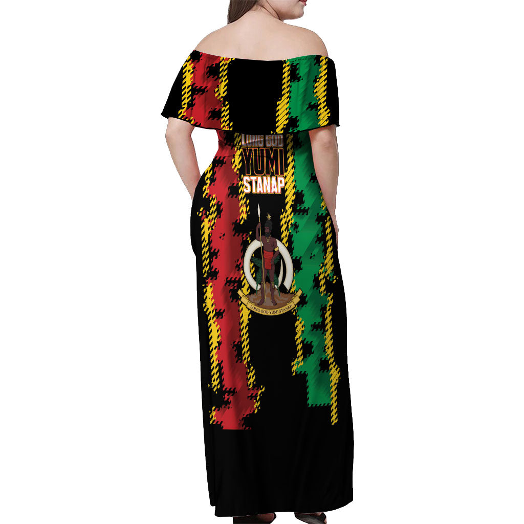 Vanuatu 46th Year Anniversary Off Shoulder Maxi Dress Tamtam Slit Drums Long God Yumi Stanap LT9 - Polynesian Pride