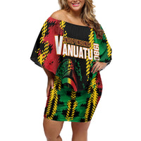 Vanuatu 46th Year Anniversary Off Shoulder Short Dress Tamtam Slit Drums Long God Yumi Stanap LT9 Women Black - Polynesian Pride