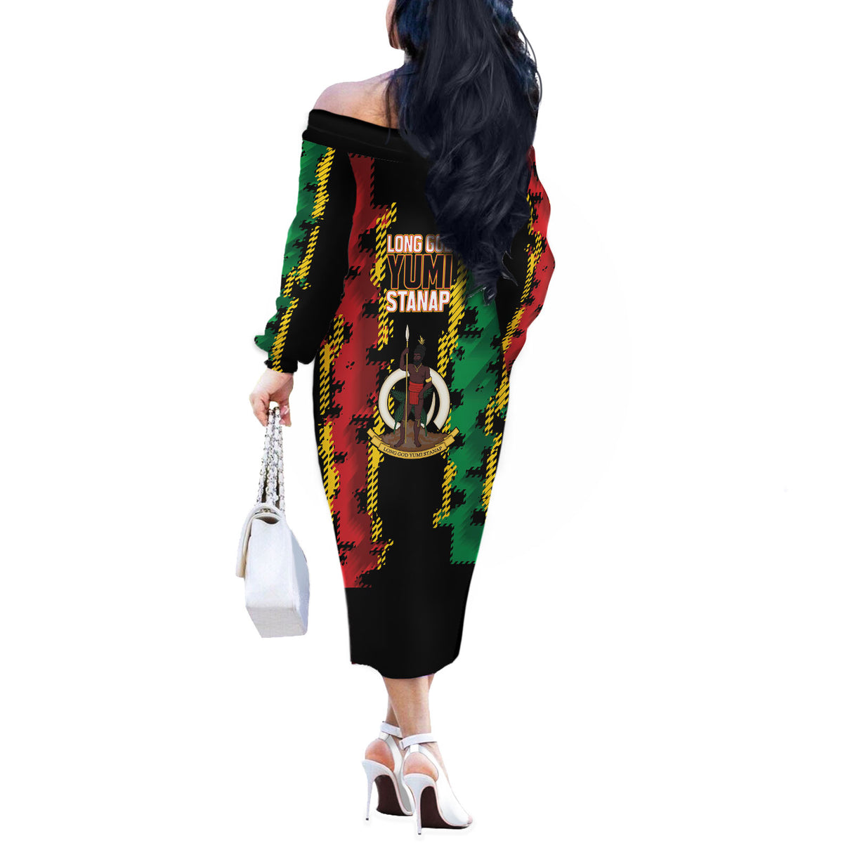 Vanuatu 46th Year Anniversary Off The Shoulder Long Sleeve Dress Tamtam Slit Drums Long God Yumi Stanap LT9 - Polynesian Pride