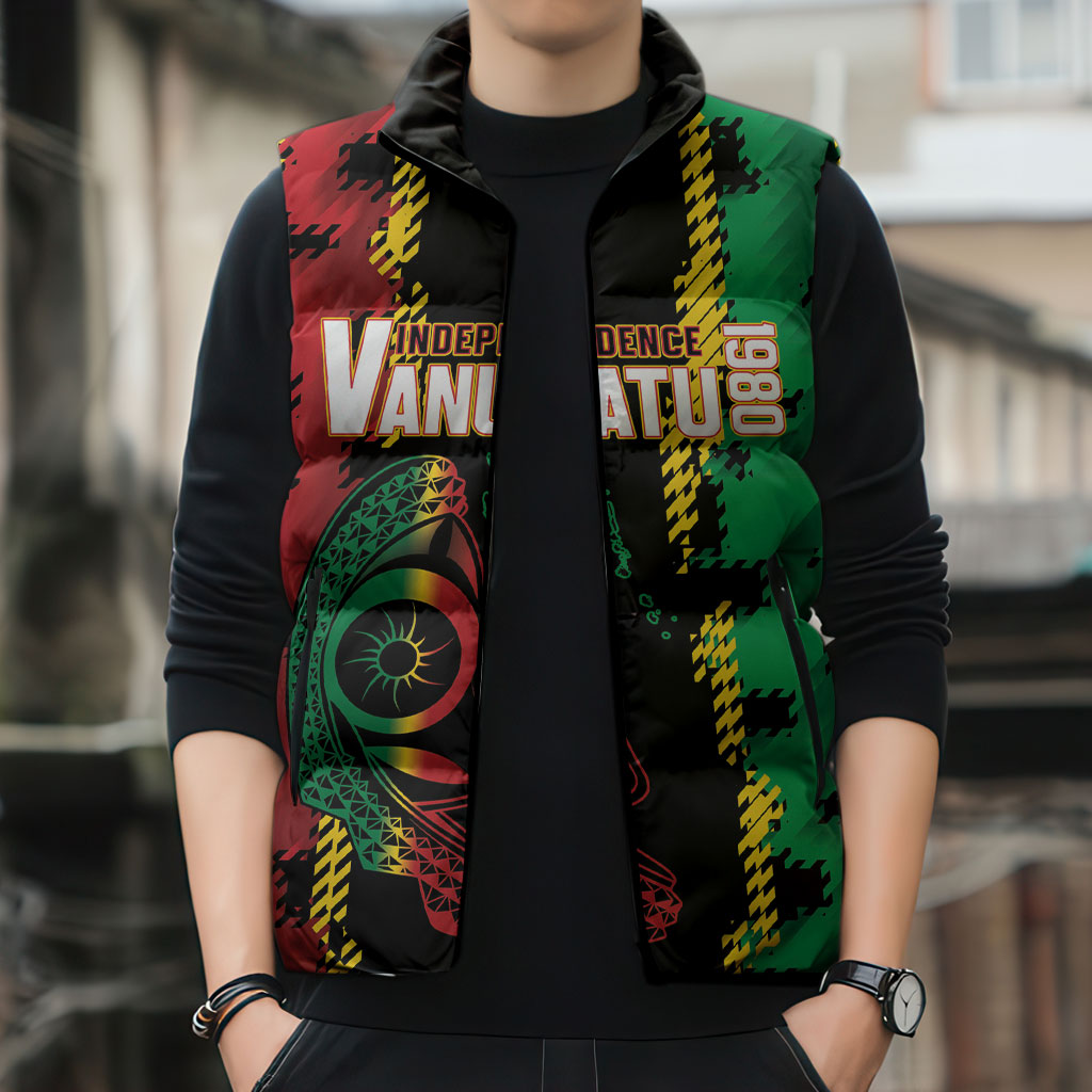 Vanuatu 46th Year Anniversary Sleeveless Puffer Jacket Tamtam Slit Drums Long God Yumi Stanap