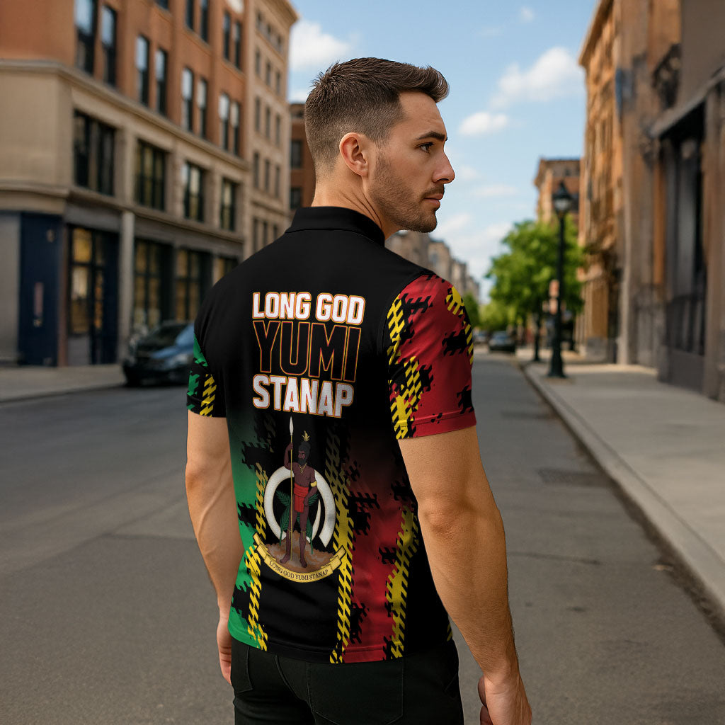Vanuatu 46th Year Anniversary Zipper Polo Shirt Tamtam Slit Drums Long God Yumi Stanap LT9 - Polynesian Pride