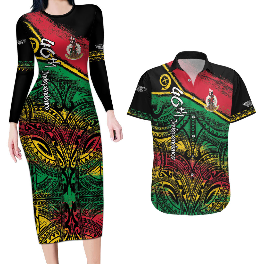 Vanuatu 46th Year Anniversary Couples Matching Long Sleeve Bodycon Dress and Hawaiian Shirt Vintage Grunge Vanuatu Flag Heritage LT9 Black - Polynesian Pride