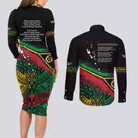 Vanuatu 46th Year Anniversary Couples Matching Long Sleeve Bodycon Dress and Long Sleeve Button Shirt Vintage Grunge Vanuatu Flag Heritage LT9 - Polynesian Pride