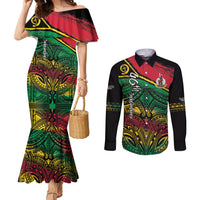 Vanuatu 46th Year Anniversary Couples Matching Mermaid Dress and Long Sleeve Button Shirt Vintage Grunge Vanuatu Flag Heritage LT9 Black - Polynesian Pride