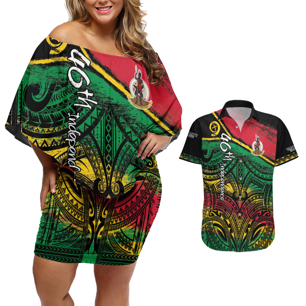 Vanuatu 46th Year Anniversary Couples Matching Off Shoulder Short Dress and Hawaiian Shirt Vintage Grunge Vanuatu Flag Heritage LT9 Black - Polynesian Pride