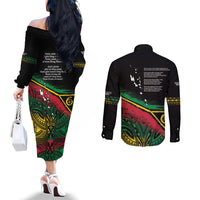 Vanuatu 46th Year Anniversary Couples Matching Off The Shoulder Long Sleeve Dress and Long Sleeve Button Shirt Vintage Grunge Vanuatu Flag Heritage LT9 - Polynesian Pride