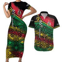 Vanuatu 46th Year Anniversary Couples Matching Short Sleeve Bodycon Dress and Hawaiian Shirt Vintage Grunge Vanuatu Flag Heritage LT9 Black - Polynesian Pride