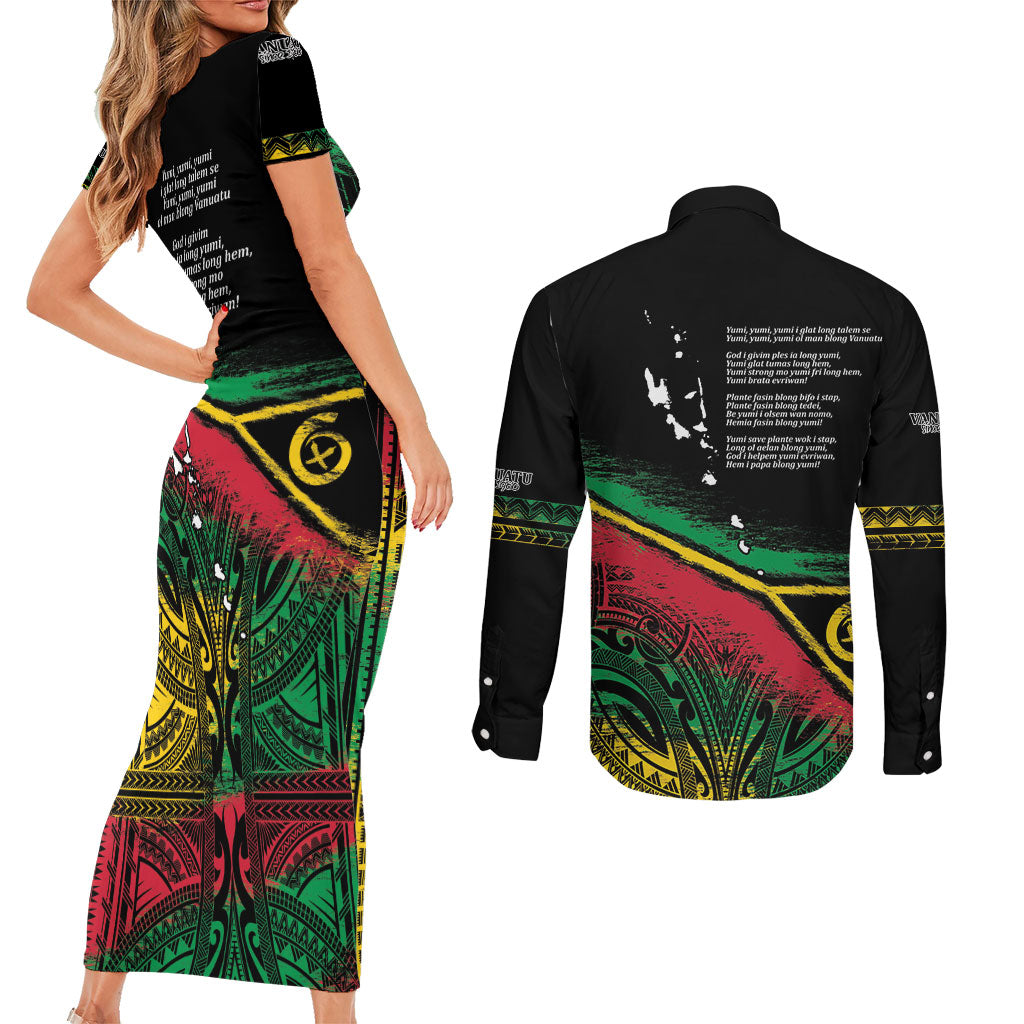 Vanuatu 46th Year Anniversary Couples Matching Short Sleeve Bodycon Dress and Long Sleeve Button Shirt Vintage Grunge Vanuatu Flag Heritage LT9 - Polynesian Pride