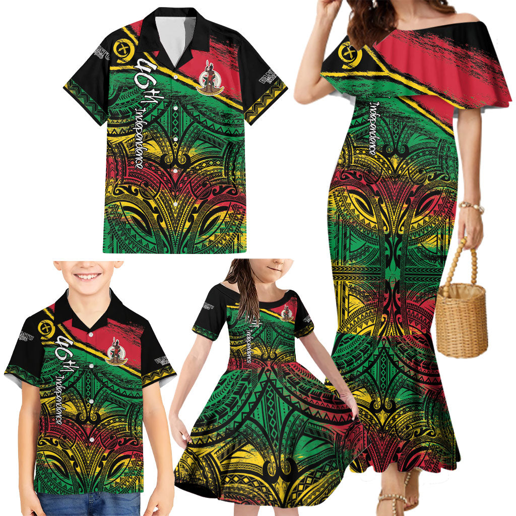 Vanuatu 46th Year Anniversary Family Matching Mermaid Dress and Hawaiian Shirt Vintage Grunge Vanuatu Flag Heritage LT9 - Polynesian Pride