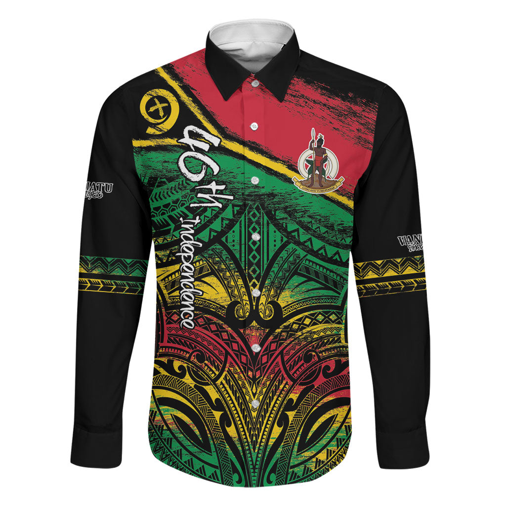 Vanuatu 46th Year Anniversary Family Matching Off The Shoulder Long Sleeve Dress and Hawaiian Shirt Vintage Grunge Vanuatu Flag Heritage LT9 Dad's Shirt - Long Sleeve Black - Polynesian Pride