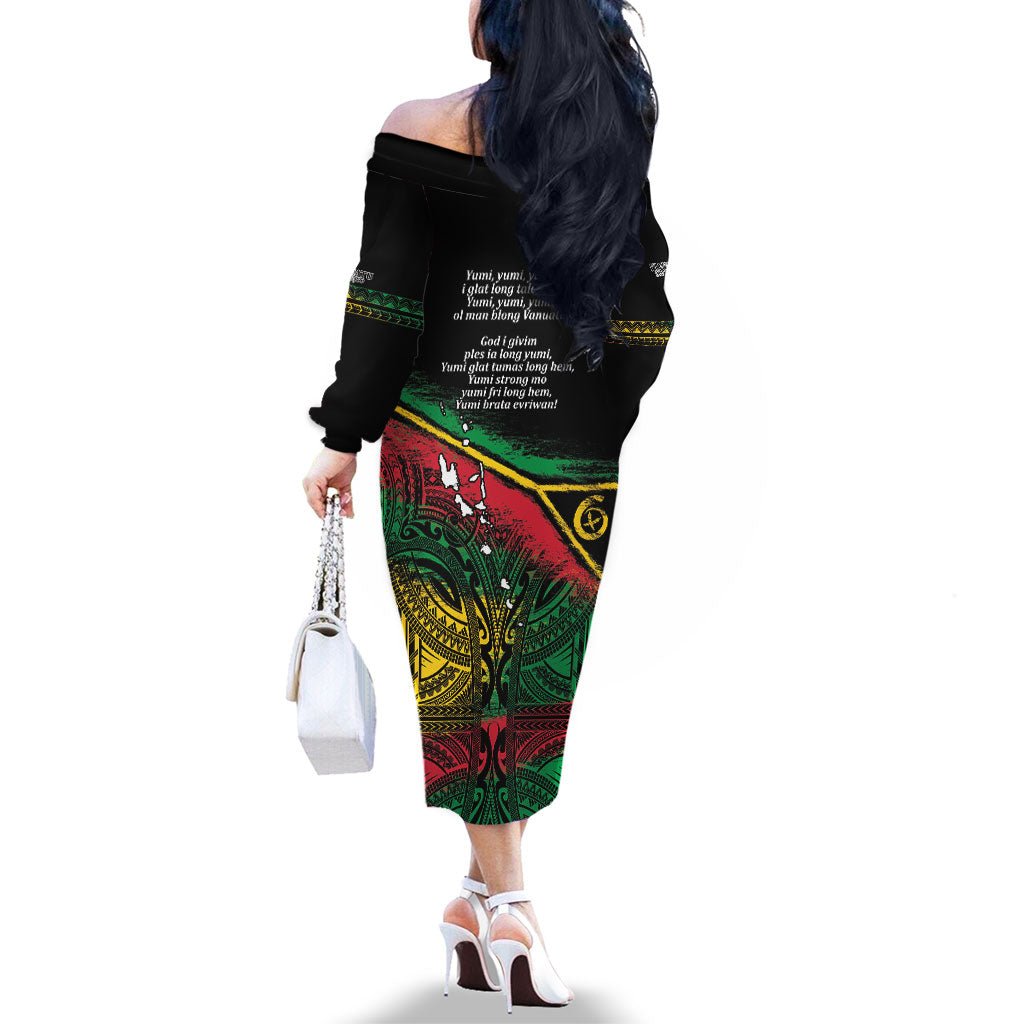 Vanuatu 46th Year Anniversary Family Matching Off The Shoulder Long Sleeve Dress and Hawaiian Shirt Vintage Grunge Vanuatu Flag Heritage LT9 - Polynesian Pride