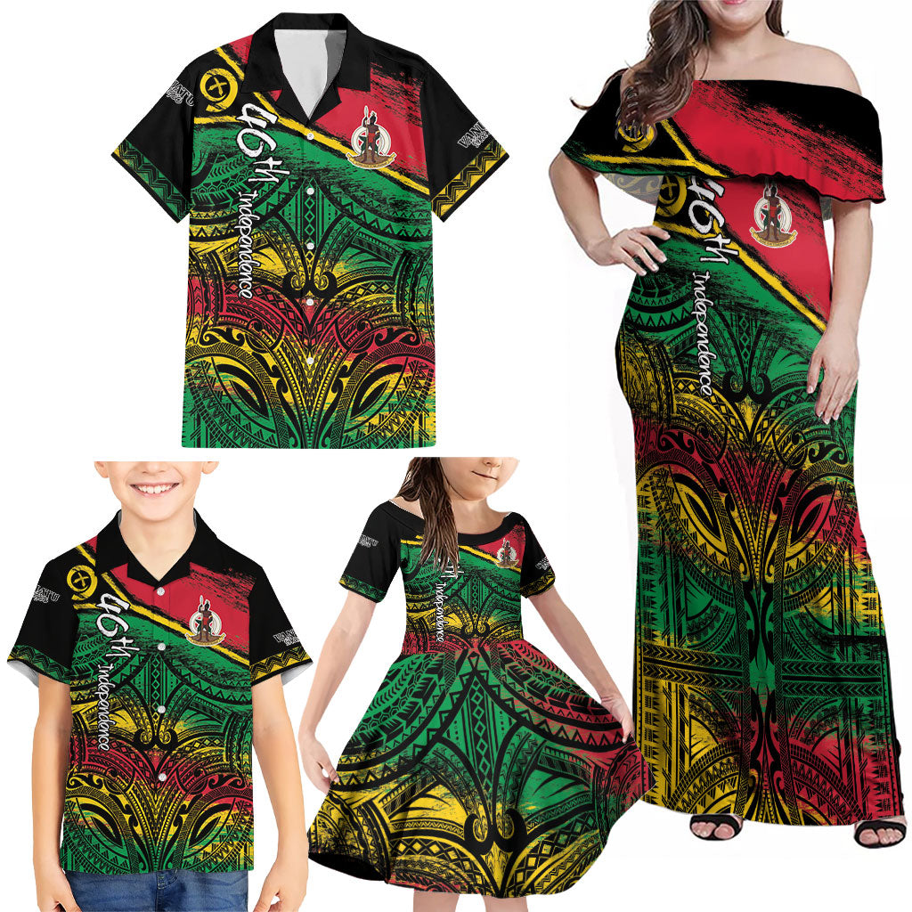Vanuatu 46th Year Anniversary Family Matching Off Shoulder Maxi Dress and Hawaiian Shirt Vintage Grunge Vanuatu Flag Heritage LT9 - Polynesian Pride
