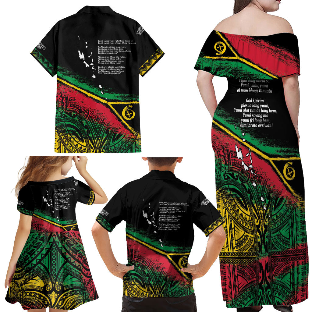 Vanuatu 46th Year Anniversary Family Matching Off Shoulder Maxi Dress and Hawaiian Shirt Vintage Grunge Vanuatu Flag Heritage LT9 - Polynesian Pride