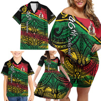 Vanuatu 46th Year Anniversary Family Matching Off Shoulder Short Dress and Hawaiian Shirt Vintage Grunge Vanuatu Flag Heritage LT9 - Polynesian Pride