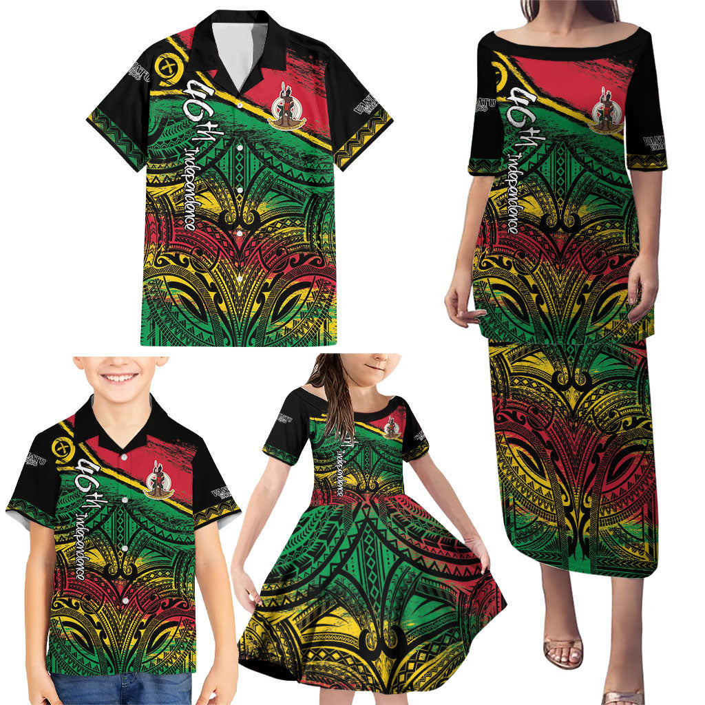 Vanuatu 46th Year Anniversary Family Matching Puletasi and Hawaiian Shirt Vintage Grunge Vanuatu Flag Heritage