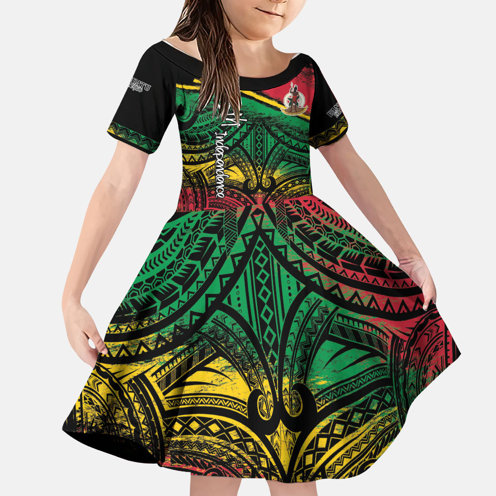 Vanuatu 46th Year Anniversary Family Matching Short Sleeve Bodycon Dress and Hawaiian Shirt Vintage Grunge Vanuatu Flag Heritage LT9 Daughter's Dress Black - Polynesian Pride