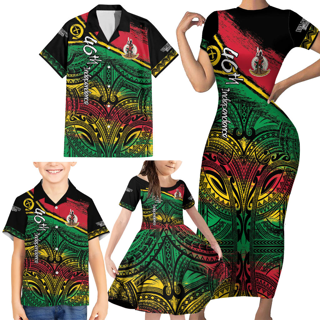 Vanuatu 46th Year Anniversary Family Matching Short Sleeve Bodycon Dress and Hawaiian Shirt Vintage Grunge Vanuatu Flag Heritage LT9 - Polynesian Pride