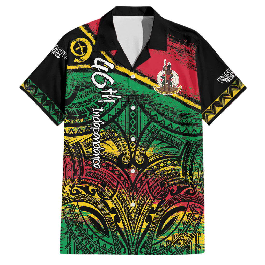 Vanuatu 46th Year Anniversary Family Matching Summer Maxi Dress and Hawaiian Shirt Vintage Grunge Vanuatu Flag Heritage LT9 Dad's Shirt - Short Sleeve Black - Polynesian Pride