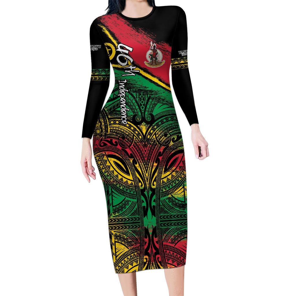 Vanuatu 46th Year Anniversary Long Sleeve Bodycon Dress Vintage Grunge Vanuatu Flag Heritage LT9 Long Dress Black - Polynesian Pride