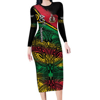 Vanuatu 46th Year Anniversary Long Sleeve Bodycon Dress Vintage Grunge Vanuatu Flag Heritage LT9 Long Dress Black - Polynesian Pride