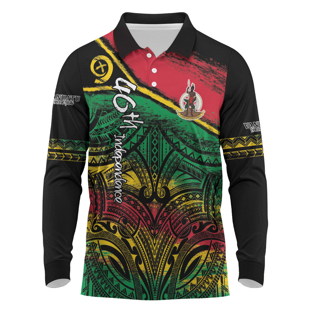 Vanuatu 46th Year Anniversary Long Sleeve Polo Shirt Vintage Grunge Vanuatu Flag Heritage LT9 Black - Polynesian Pride