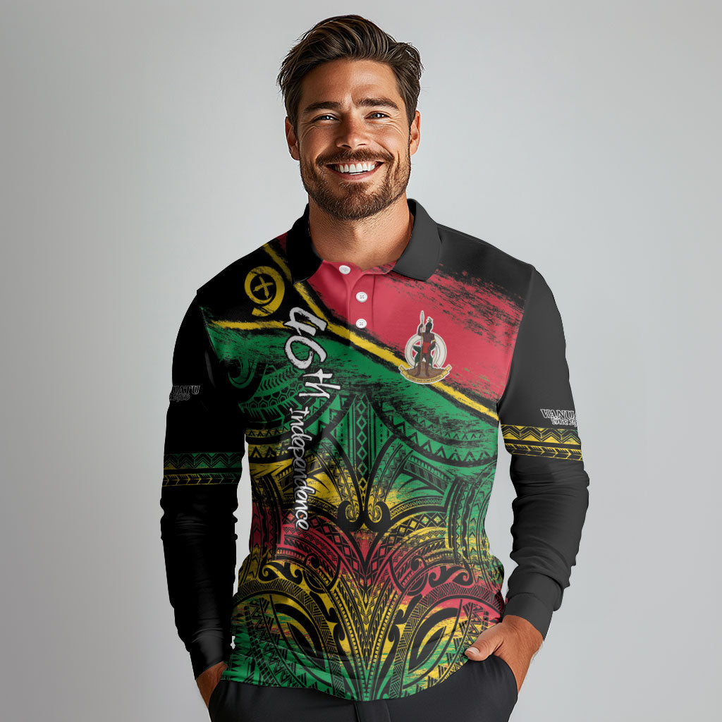Vanuatu 46th Year Anniversary Long Sleeve Polo Shirt Vintage Grunge Vanuatu Flag Heritage LT9 - Polynesian Pride