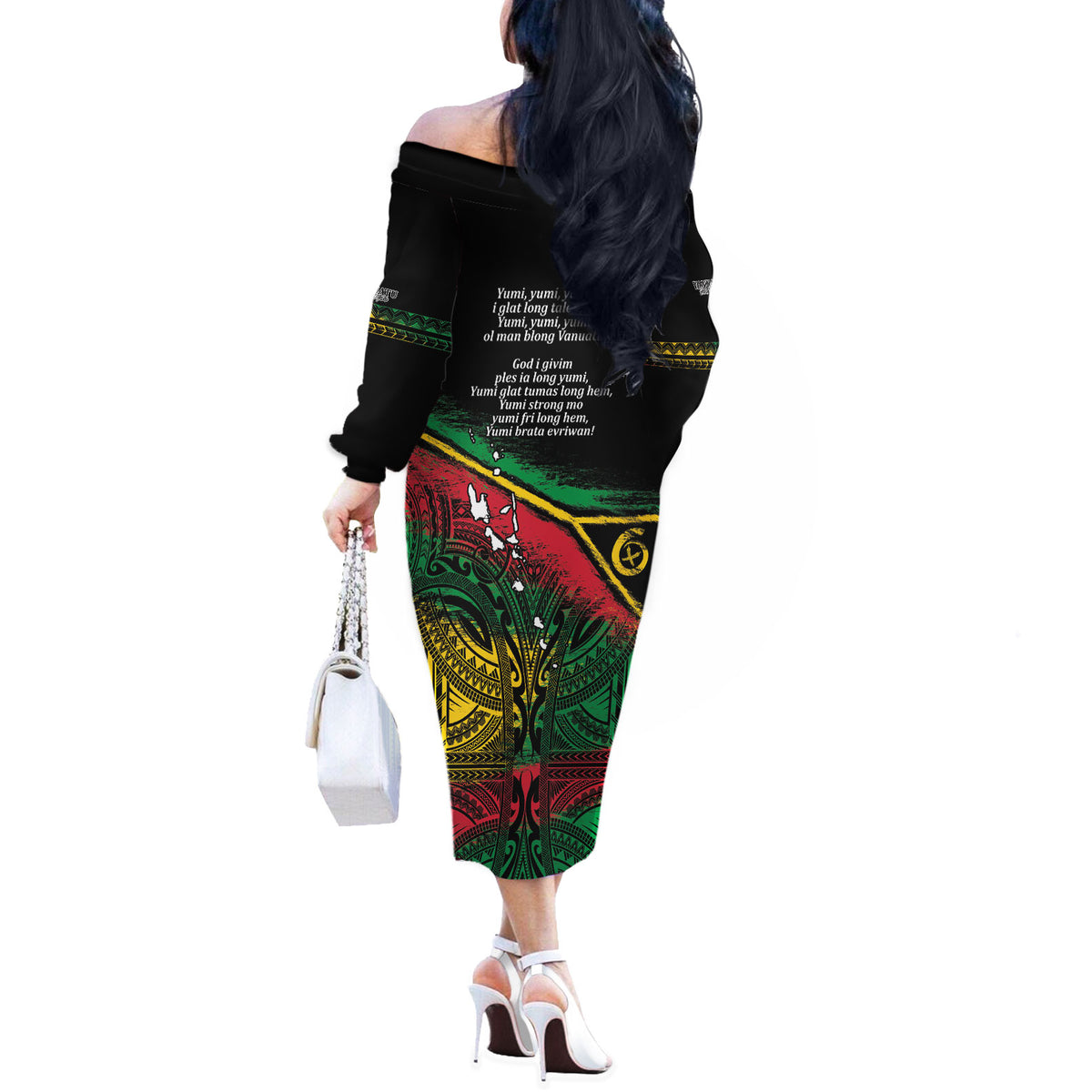 Vanuatu 46th Year Anniversary Off The Shoulder Long Sleeve Dress Vintage Grunge Vanuatu Flag Heritage LT9 - Polynesian Pride