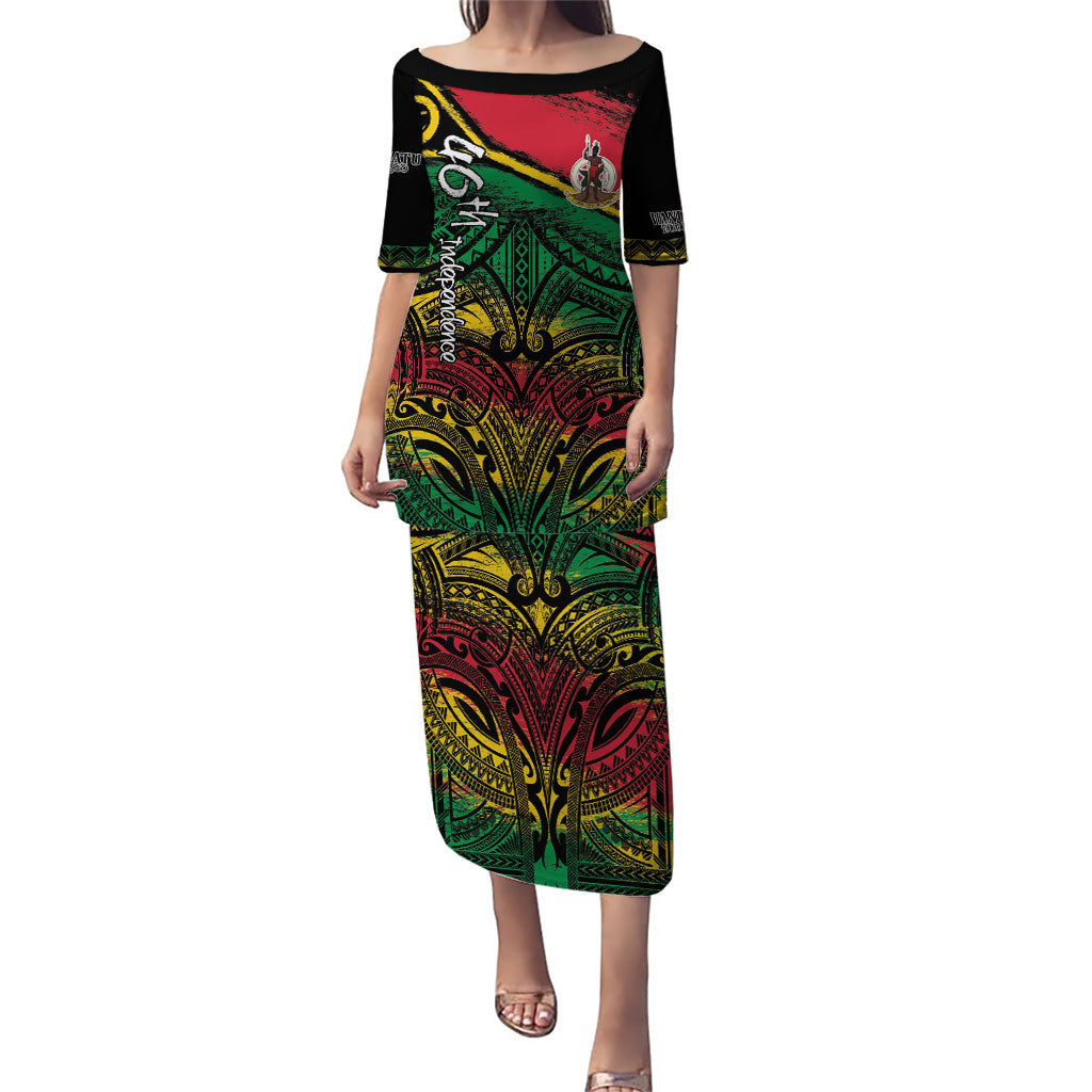 Vanuatu 46th Year Anniversary Puletasi Vintage Grunge Vanuatu Flag Heritage LT9 Long Dress Black - Polynesian Pride