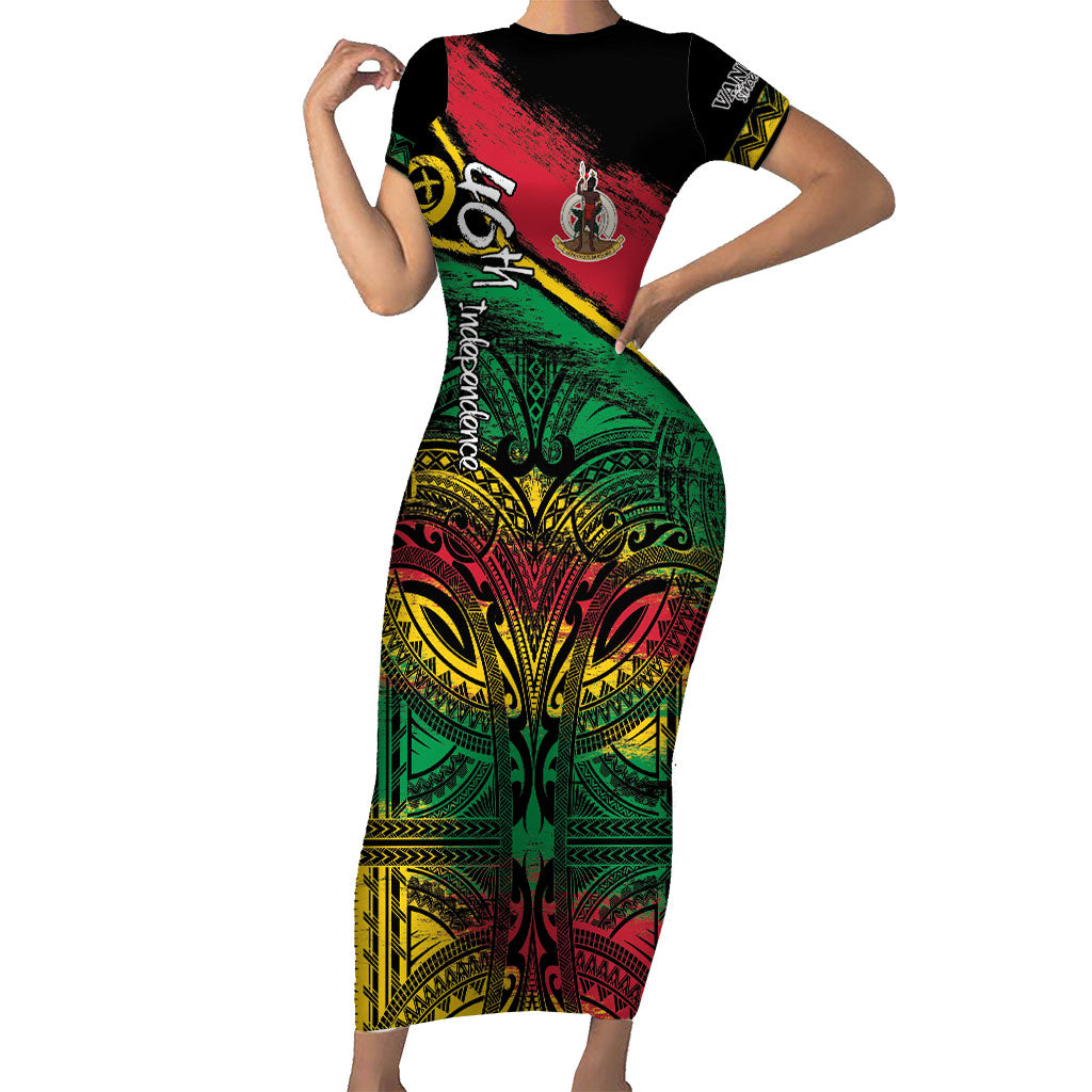Vanuatu 46th Year Anniversary Short Sleeve Bodycon Dress Vintage Grunge Vanuatu Flag Heritage LT9 Long Dress Black - Polynesian Pride