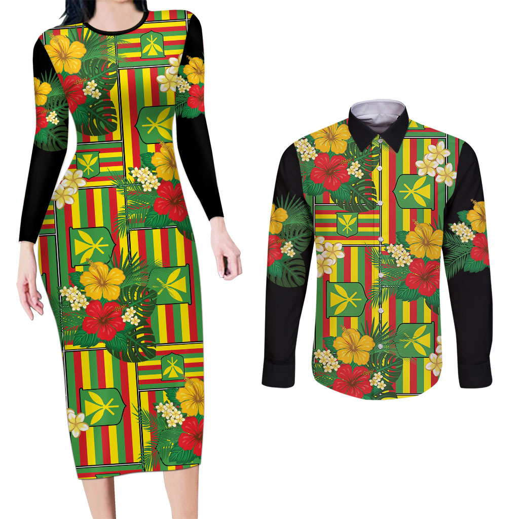 Hawaii Kanaka Maoli Hibiscus Couples Matching Long Sleeve Bodycon Dress and Long Sleeve Button Shirt Hawaiian Flag Motif LT9 Green - Polynesian Pride