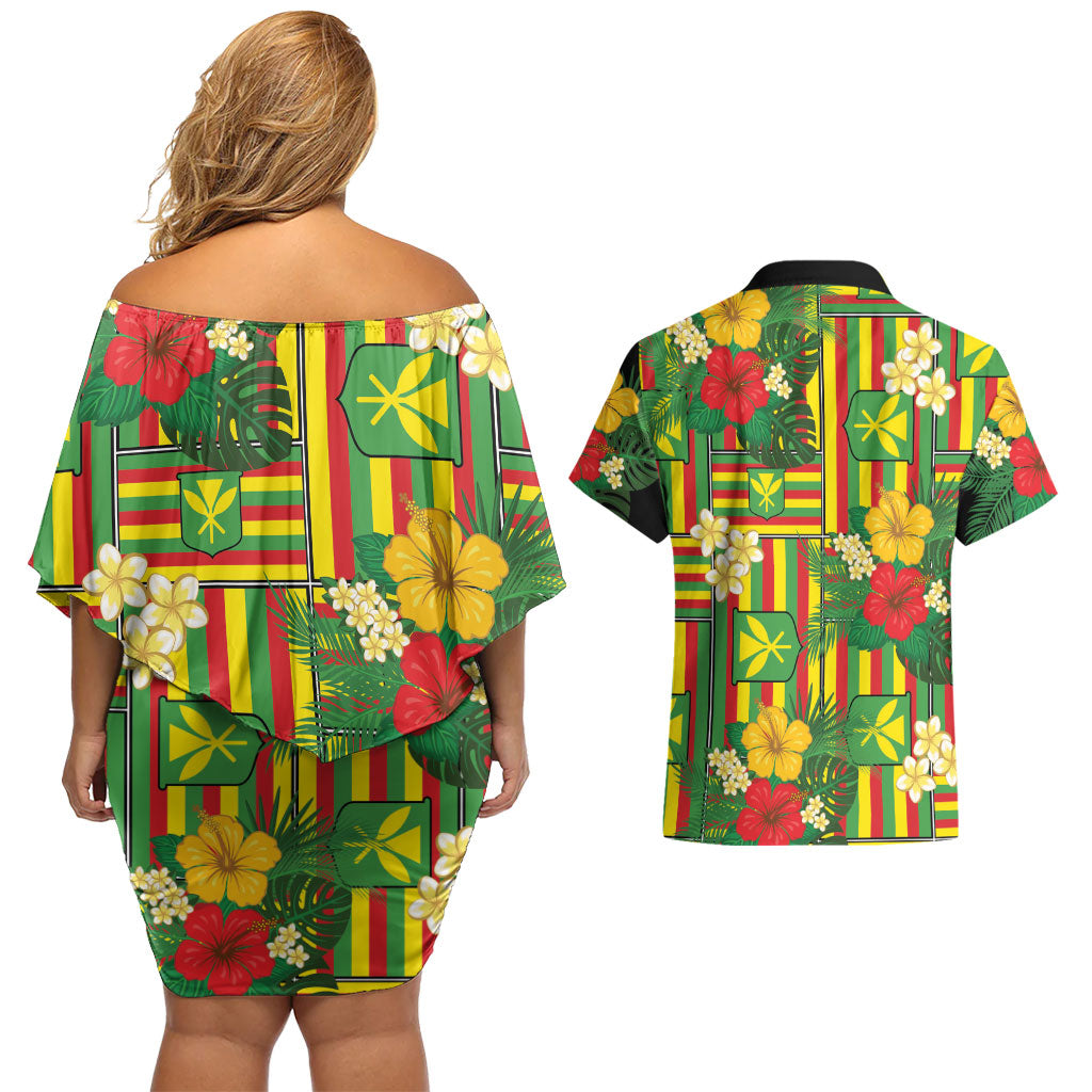 Hawaii Kanaka Maoli Hibiscus Couples Matching Off Shoulder Short Dress and Hawaiian Shirt Hawaiian Flag Motif LT9 - Polynesian Pride