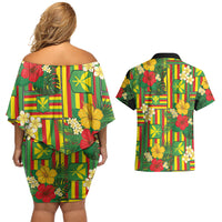 Hawaii Kanaka Maoli Hibiscus Couples Matching Off Shoulder Short Dress and Hawaiian Shirt Hawaiian Flag Motif LT9 - Polynesian Pride
