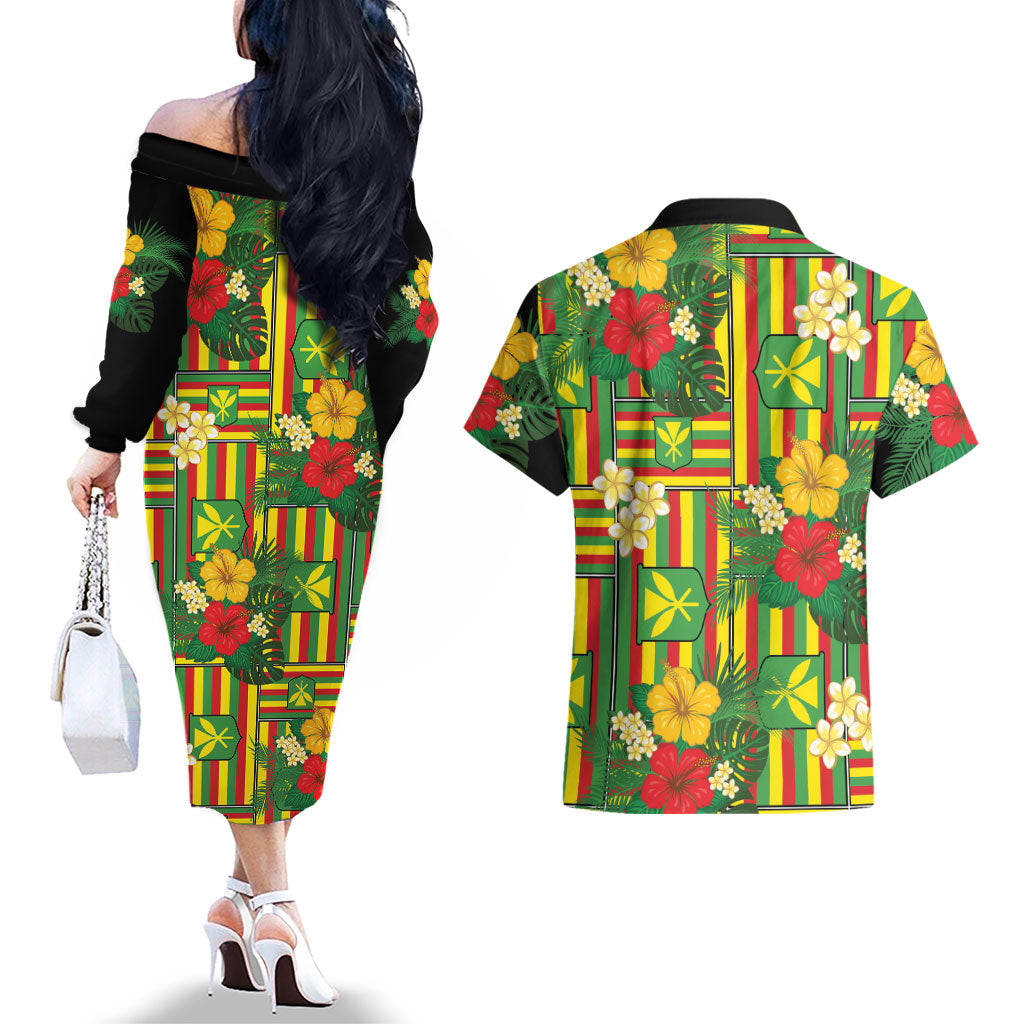 Hawaii Kanaka Maoli Hibiscus Couples Matching Off The Shoulder Long Sleeve Dress and Hawaiian Shirt Hawaiian Flag Motif LT9 - Polynesian Pride