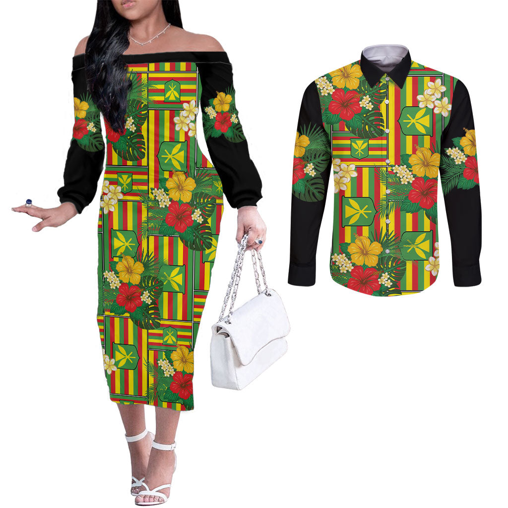 Hawaii Kanaka Maoli Hibiscus Couples Matching Off The Shoulder Long Sleeve Dress and Long Sleeve Button Shirt Hawaiian Flag Motif LT9 Green - Polynesian Pride