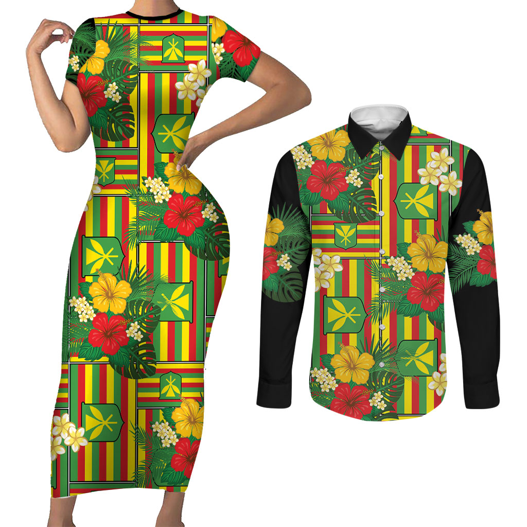 Hawaii Kanaka Maoli Hibiscus Couples Matching Short Sleeve Bodycon Dress and Long Sleeve Button Shirt Hawaiian Flag Motif LT9 Green - Polynesian Pride
