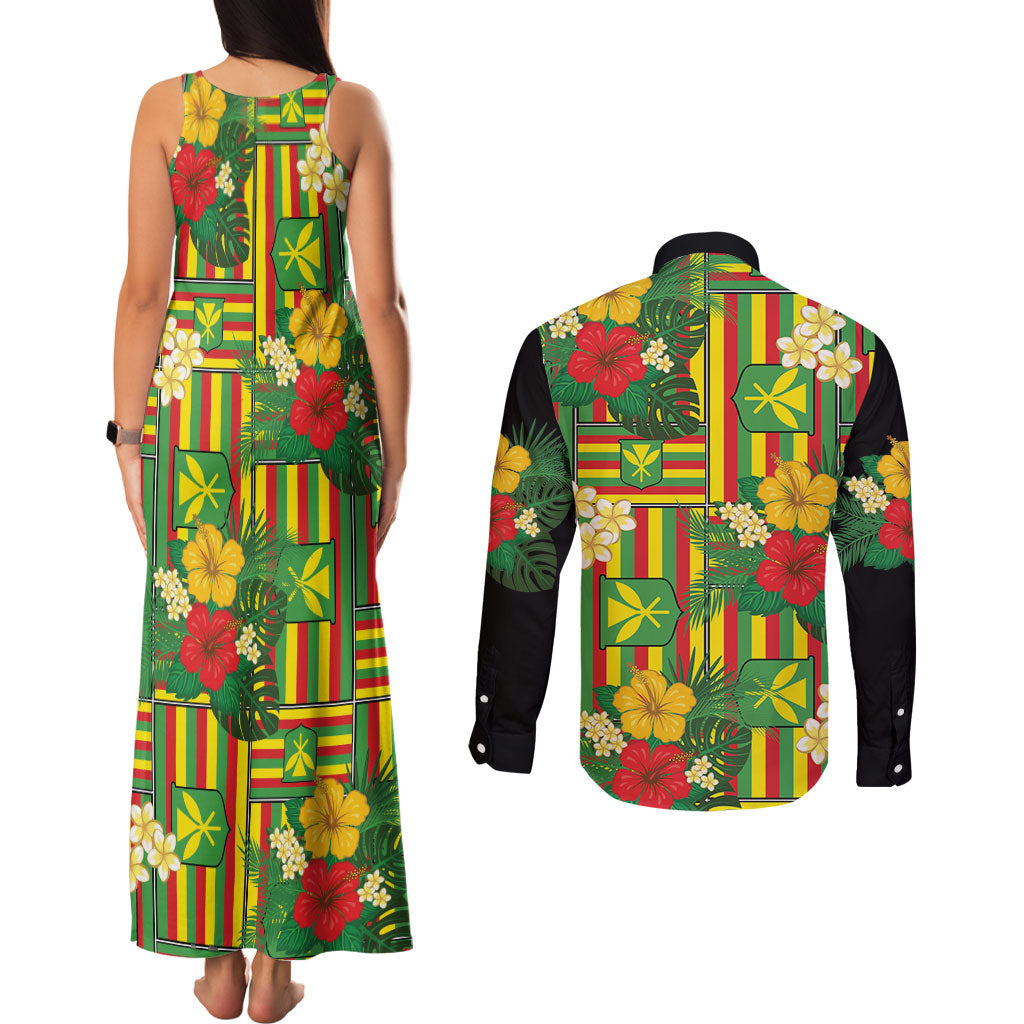 Hawaii Kanaka Maoli Hibiscus Couples Matching Tank Maxi Dress and Long Sleeve Button Shirt Hawaiian Flag Motif LT9 - Polynesian Pride