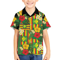 Hawaii Kanaka Maoli Hibiscus Family Matching Off Shoulder Maxi Dress and Hawaiian Shirt Hawaiian Flag Motif LT9 Son's Shirt Green - Polynesian Pride