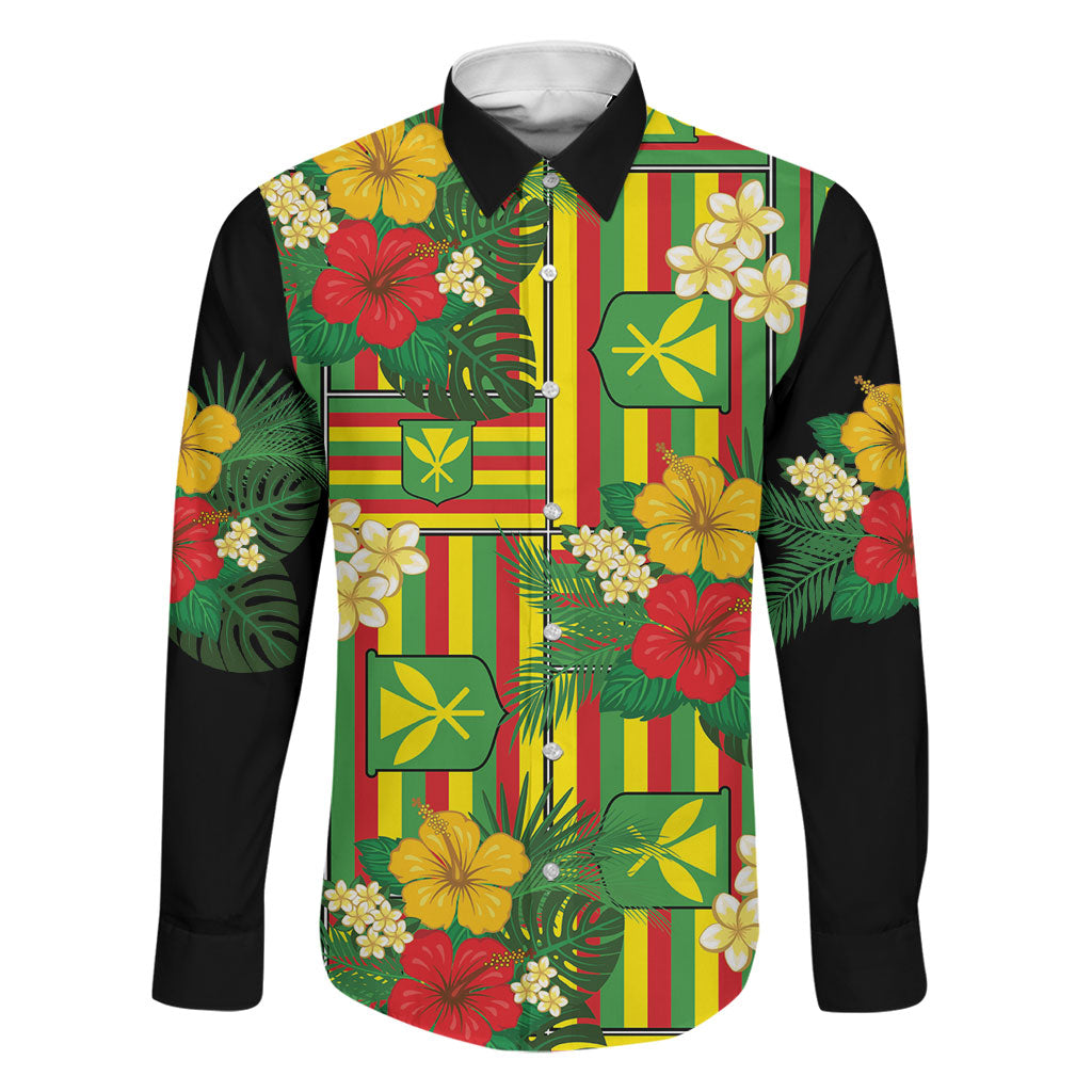 Hawaii Kanaka Maoli Hibiscus Family Matching Off Shoulder Short Dress and Hawaiian Shirt Hawaiian Flag Motif LT9 Dad's Shirt - Long Sleeve Green - Polynesian Pride