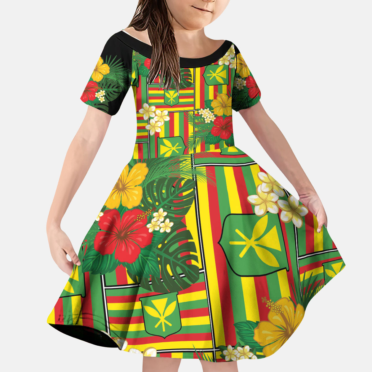 Hawaii Kanaka Maoli Hibiscus Kid Short Sleeve Dress Hawaiian Flag Motif LT9 KID Green - Polynesian Pride