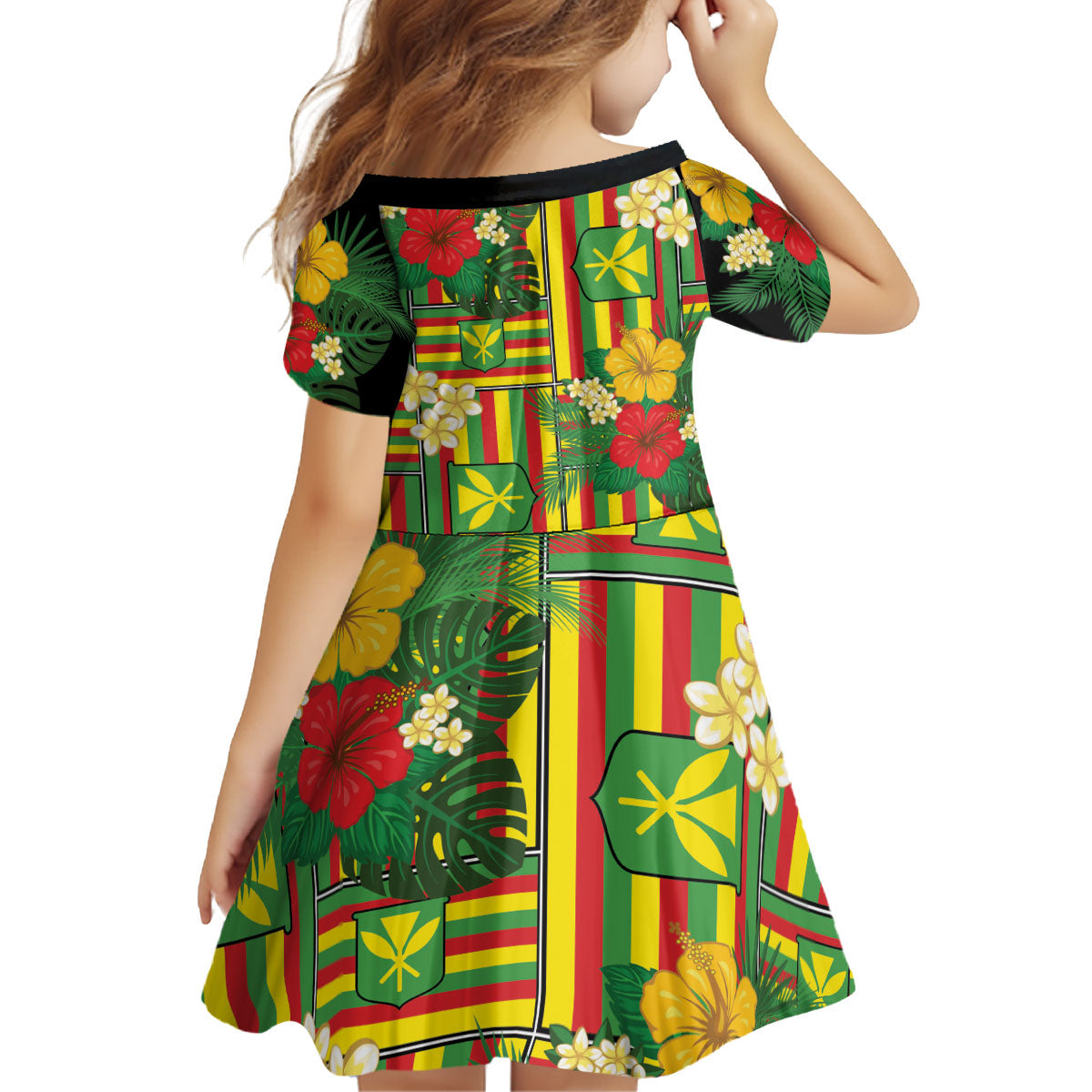 Hawaii Kanaka Maoli Hibiscus Kid Short Sleeve Dress Hawaiian Flag Motif LT9 - Polynesian Pride