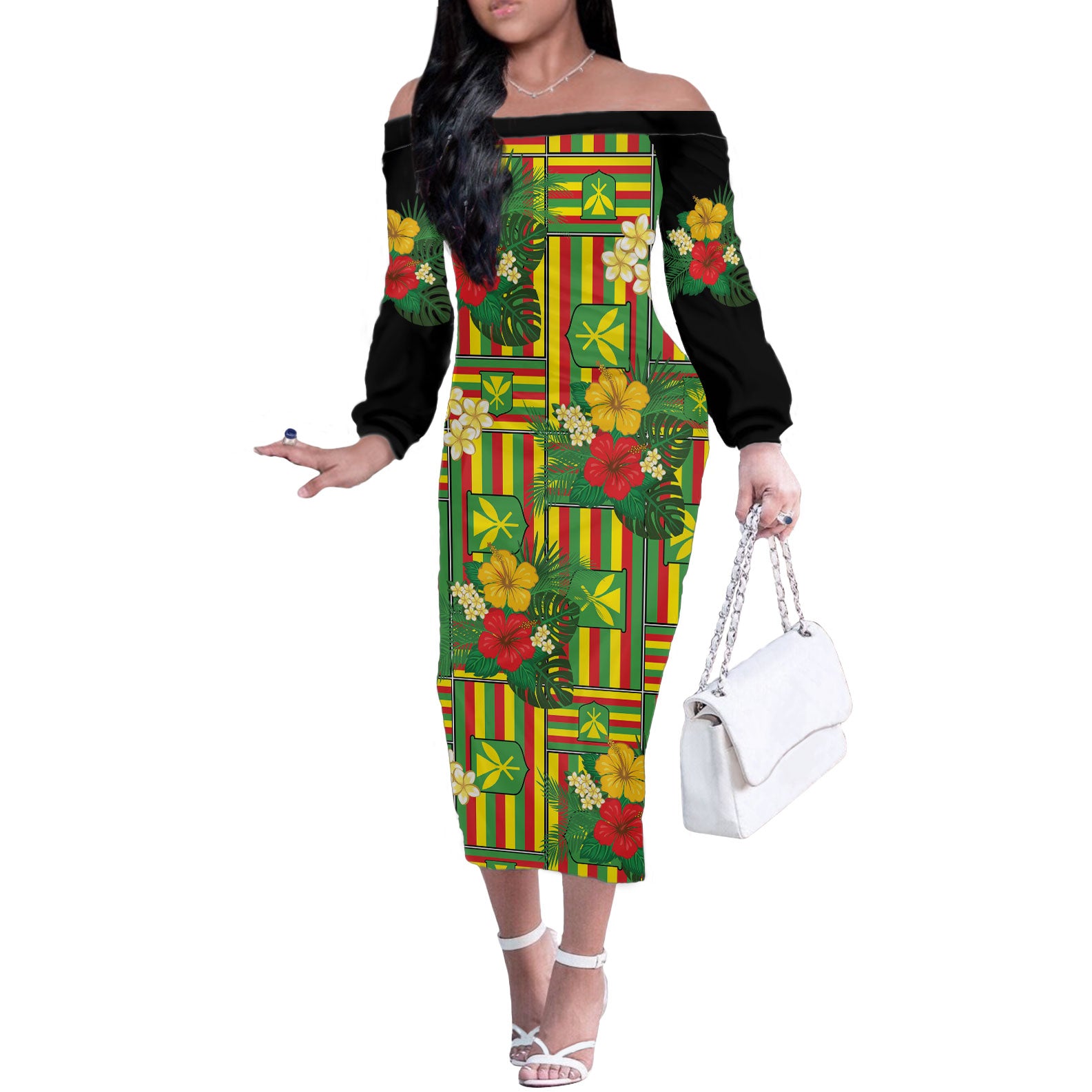 Hawaii Kanaka Maoli Hibiscus Off The Shoulder Long Sleeve Dress Hawaiian Flag Motif
