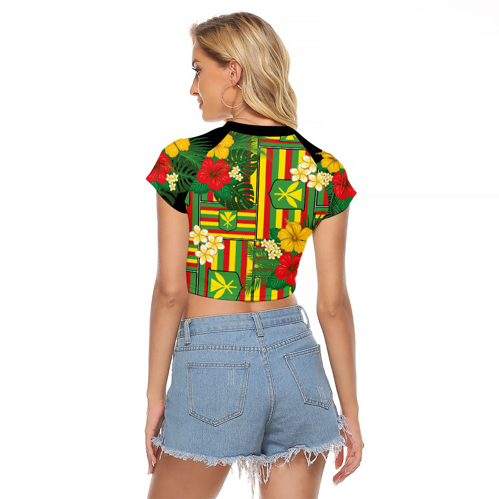Hawaii Kanaka Maoli Hibiscus Raglan Cropped T Shirt Hawaiian Flag Motif LT9 - Polynesian Pride
